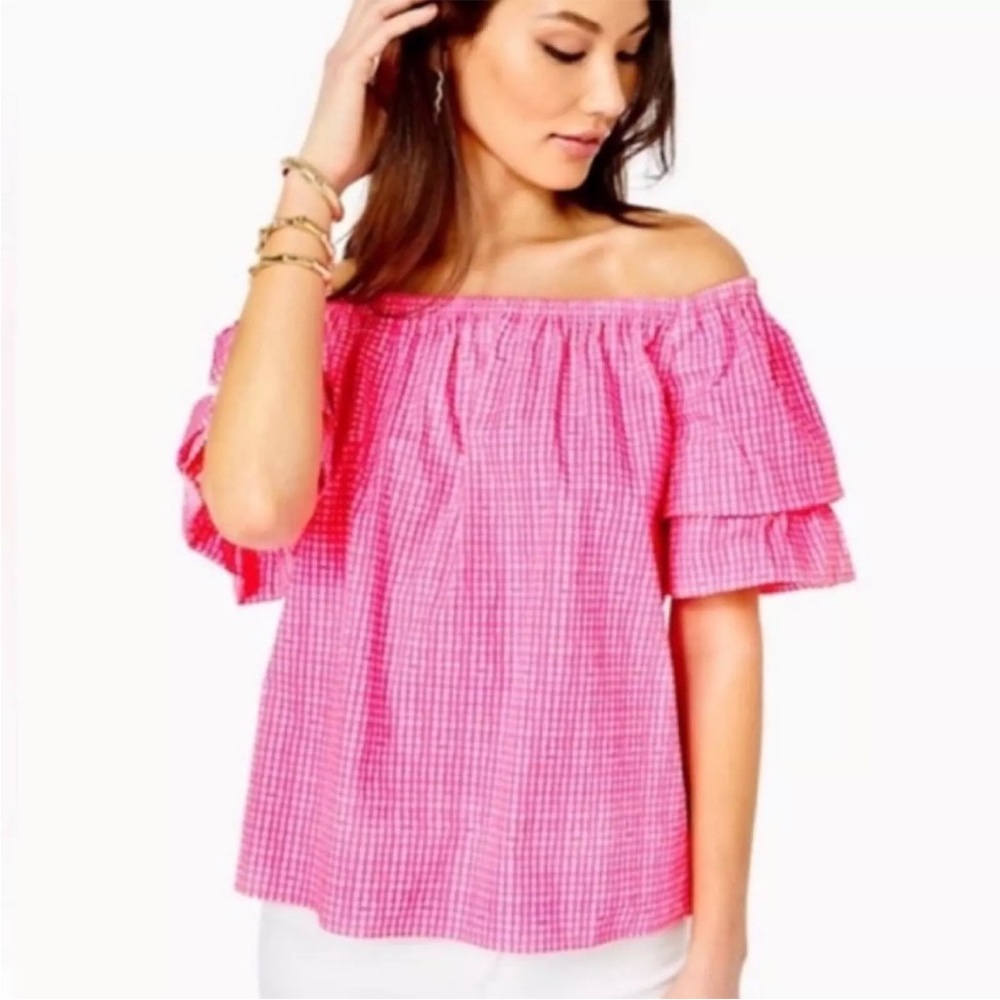 Lilly Pulitzer Pink Isle Barbiecore Frankee Off The Shoulder Gingham Top Large